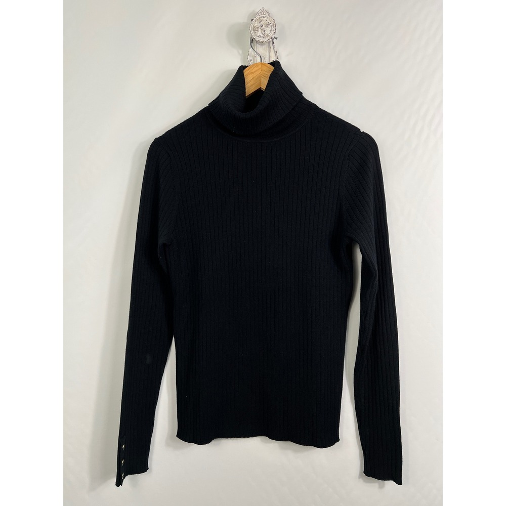J.McLaughlin Womens Black Ribbed Turtleneck Sweater Gold Button Cuff Size M